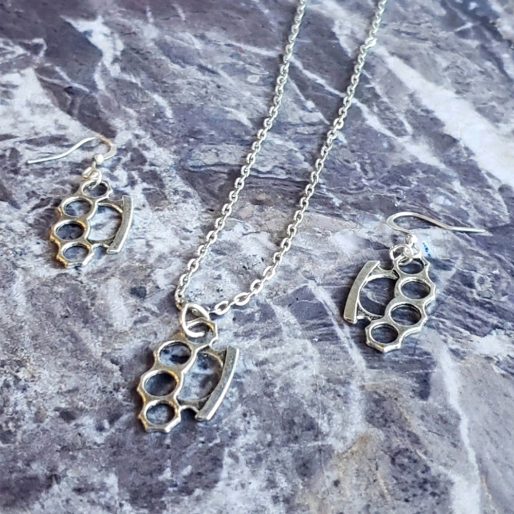 Punk rockabilly brass knuckle necklace and earring set